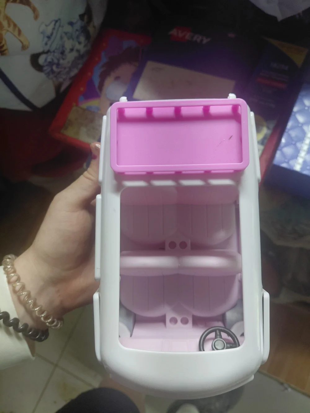 Honey Bee Acres Flower Groove Van toy, featuring a distinct purple and white VW-